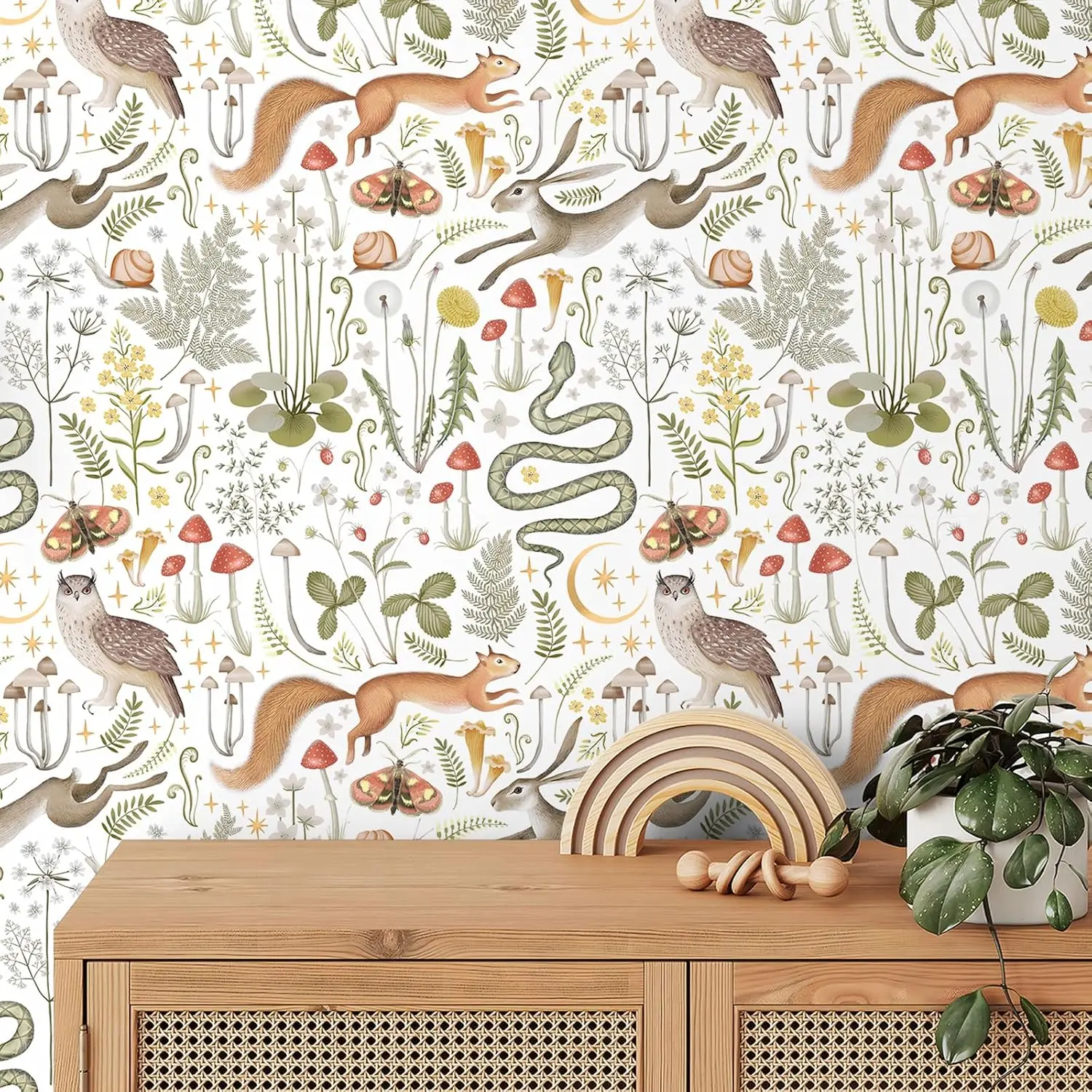Woodland Animals Peel and Stick Wallpaper Squirrel Rabbit Owl Snake Mushroom Print Waterproof Wallpaper for Nursery Kids Bedroom