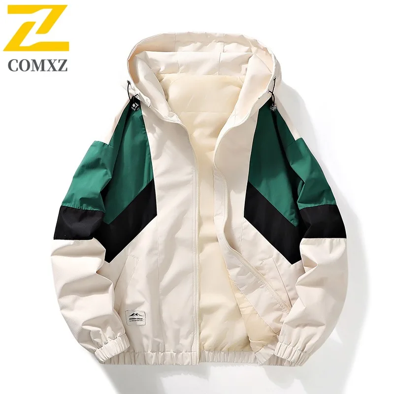 

COMXZ 2025 Men Women Color Block Hooded Jacket Vintage American Workwear Couple Fashion Spring Casual Coat Outdoor