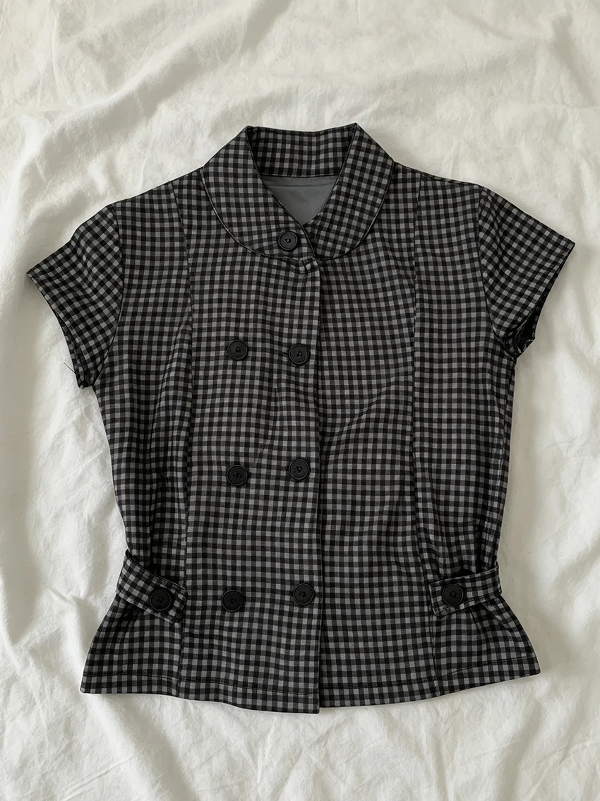 Women Summer Vintage Checkered Cropped Top Fashion Stand Collar Short Sleeve Double Row Button Waist Tie Plaid Blouse Streetwear