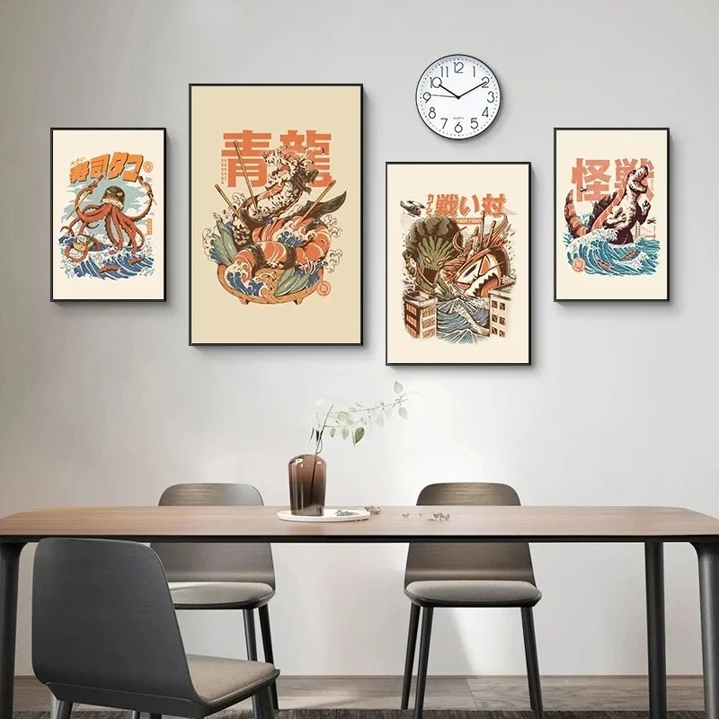 Japanese Kaijus Food Sushi Ramen Burgerzilla Posters Canvas Painting Vintage Funny Wall Art for Kitchen Room Home Decoration