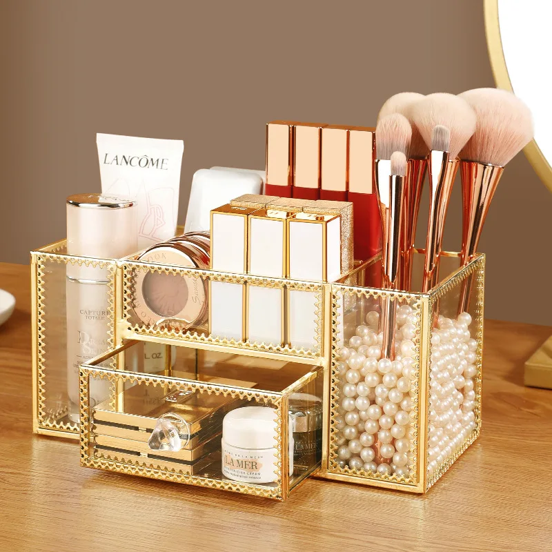 Fashion Gold Glass Makeup Organizer Lipstick Holder Perfume Desktop Jewelry Cosmetic Drawer Storage Box Display