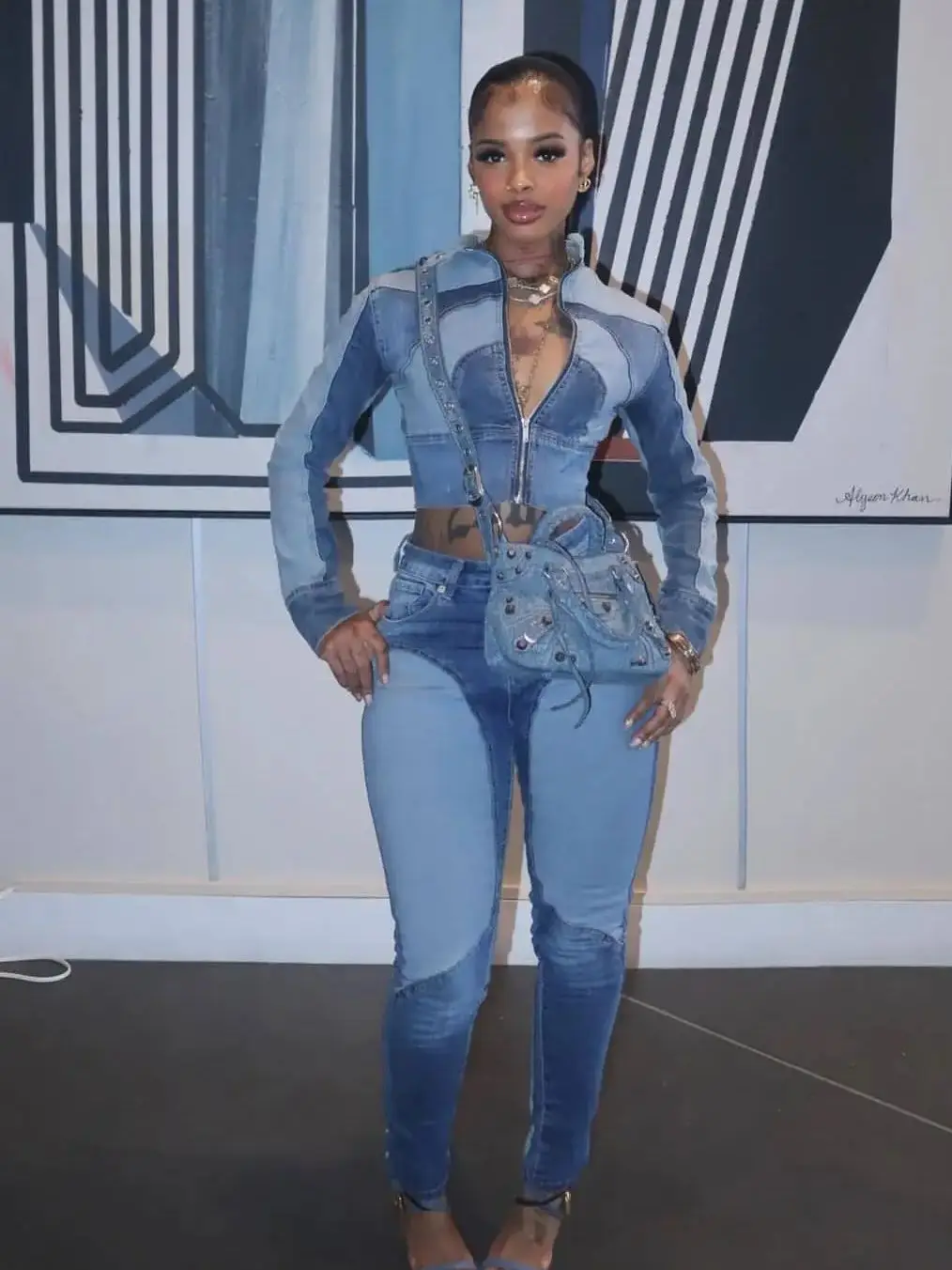 Cutenew Damen Denim Zip 2-teiliges Set Trainingsanzug Knopf Patchwork Vollarm Crop Coat + Skinny Stifte Casuals Trend Streetwear