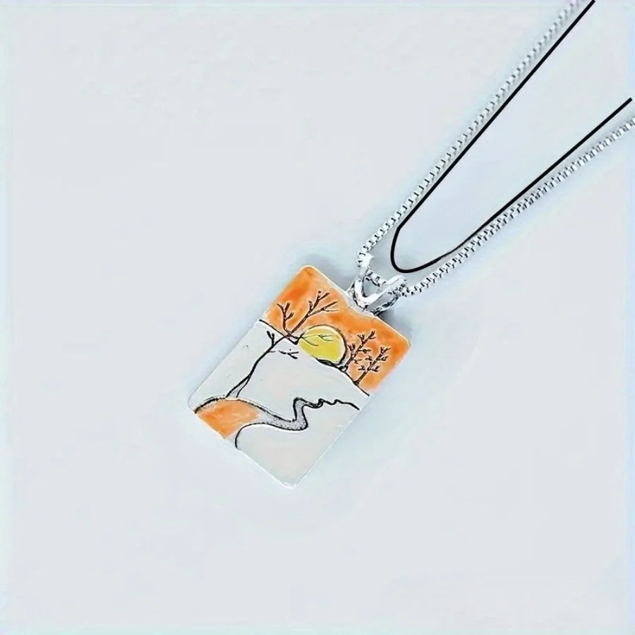 Vintage Bohemian sunset river forest pattern necklace as a jewelry gift for ladies\' birthday parties and anniversaries