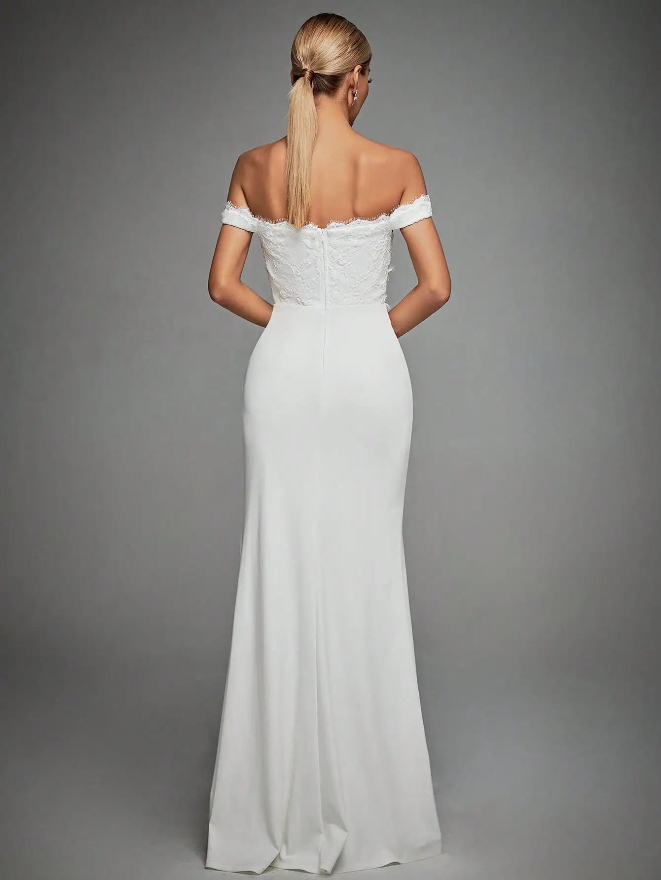 V-neck wave eyelash lace-spunlace stitched knitted wedding dress