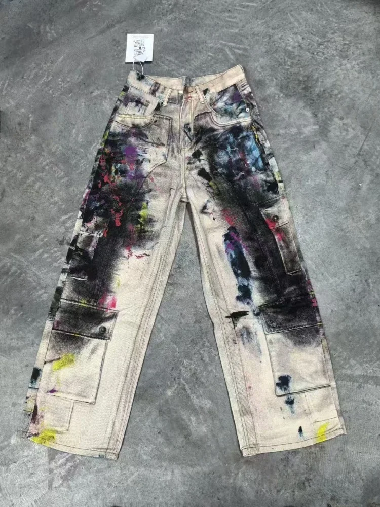 Spodnie jeansowe damskie w stylu punk Y2K z 2025 roku, z grafiką graffiti, vintage, luźne, szerokie nogawki, streetwear, gotyckie, długie spodnie.