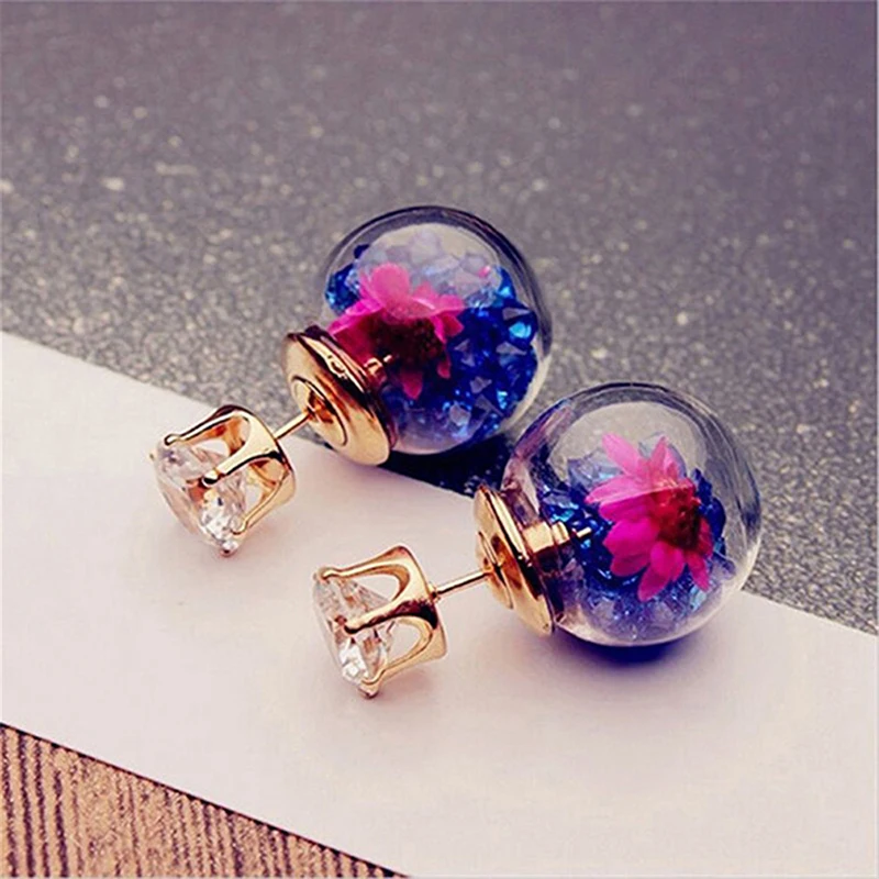 Fashion Simulated Glass Ball Earrings Flower Korea Jewelry Double Side Ball Stud Earring Statement For Women