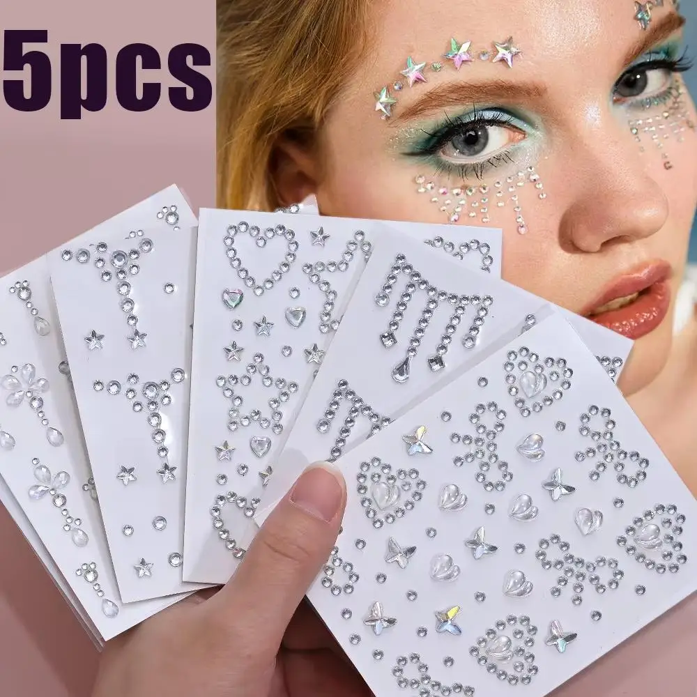 1/5 Sheets 3D Teardrop Rhinestones Eye & Face Gems Sticker Star Love heart Shape Makeup Accessory For Festivals Party DIY
