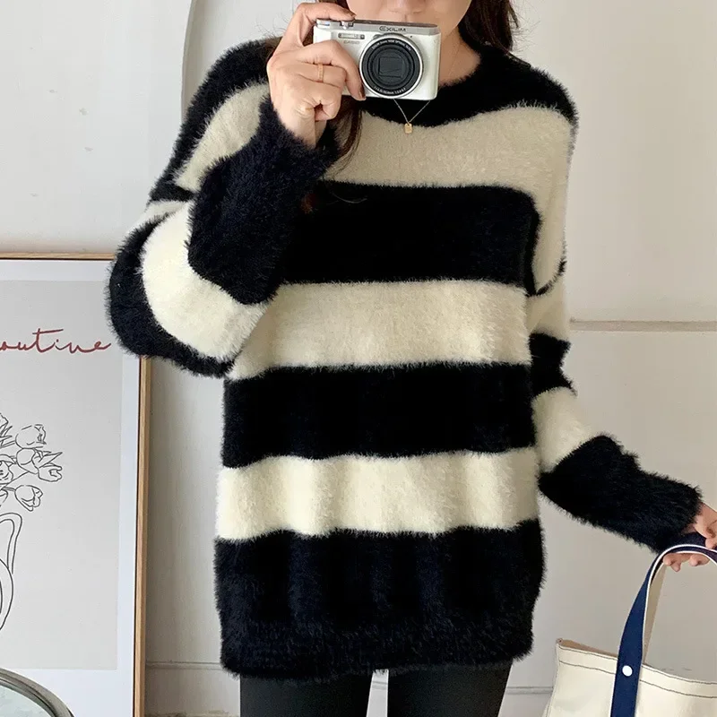 Fur Y2k Striped Kintted Sweater Women Long Korean E-girl Loose Pullovers Spring Autumn Winter Jumper Streetwear Sueter Mujer