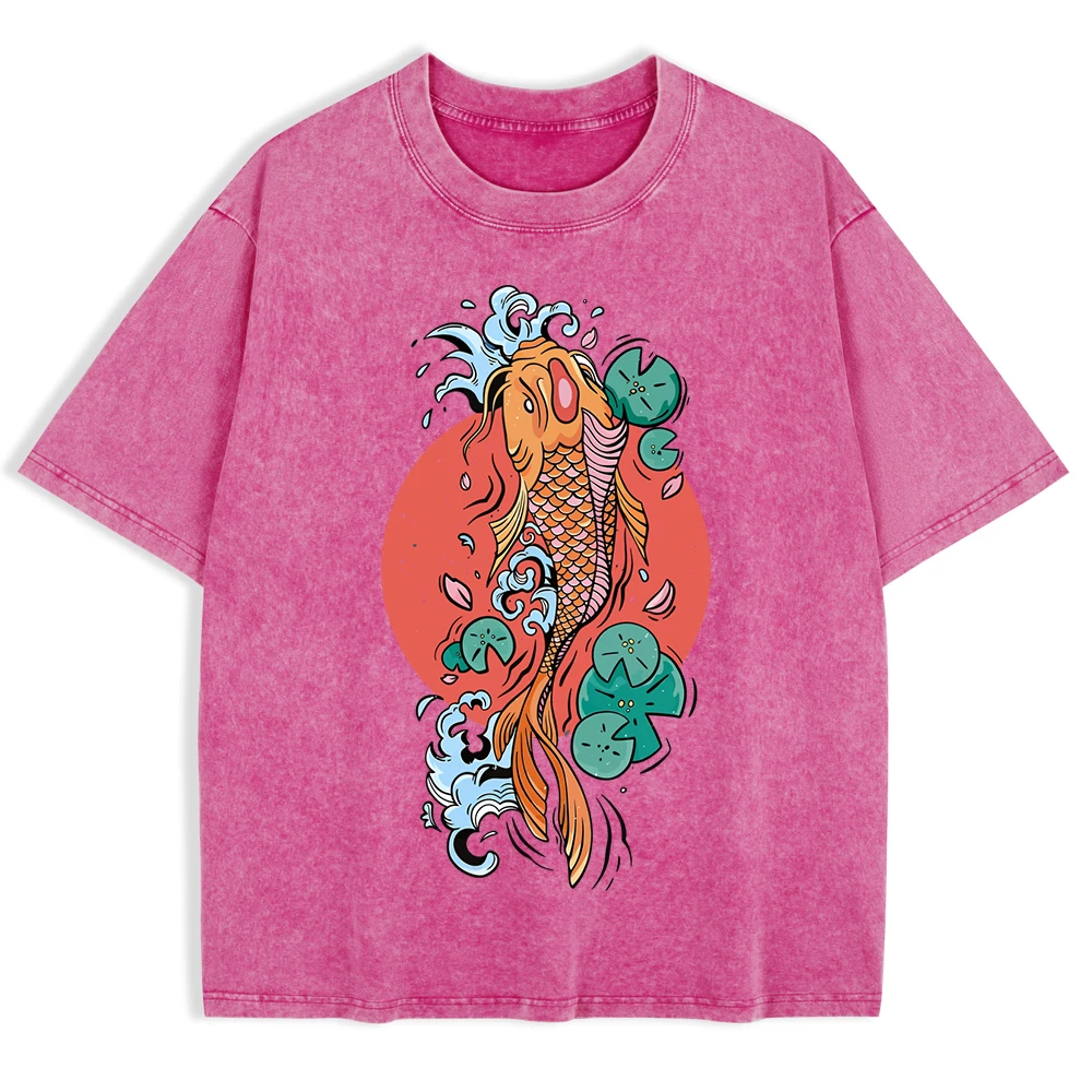 

Japanese Koi Harajuku Printing Washed T-Shirts Mens Cotton Short Sleeve Tops Basic O-Neck Oversize T Shirt Summer Male Clothes
