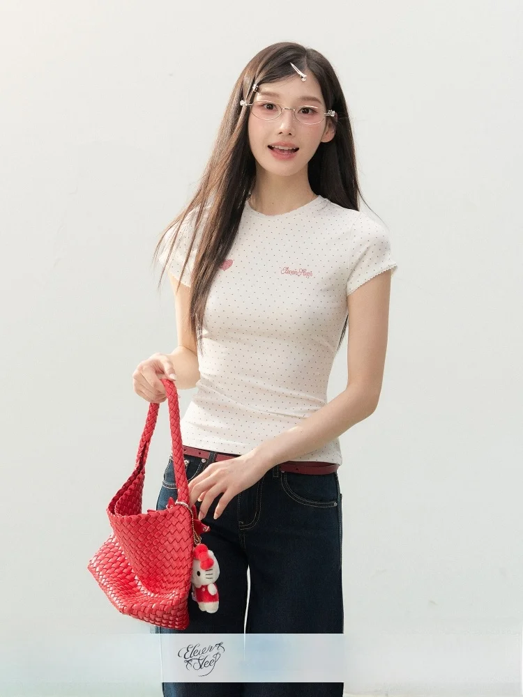 

ELEVEN SP Summer New Slim Fit Polka Dot ort Sve Women's Top High Waist Knitted T-irt Breathable Comfortable Korean Sle