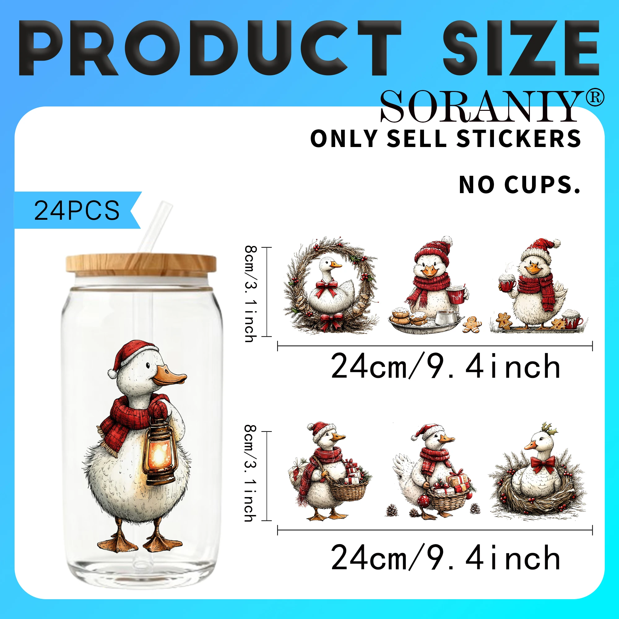 24PCS/Set Funny Christmas Goose  Themed UV DTF 16OZ DIY Transfer Paper Set Golden Text Used For 16oz Water Bottles Glass - view 2