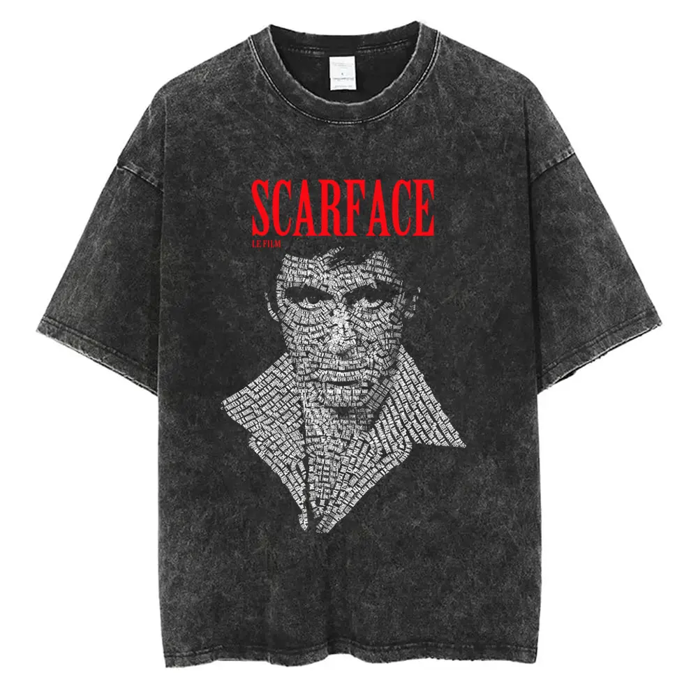 90s Classic Gangsters Movie Scarface Washed Vintage T-shirt Tony Montana Al Pacino Face Graphic T-shirts Men Oversized T Shirts