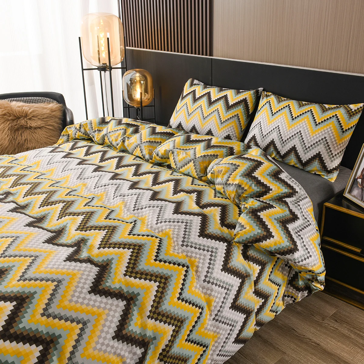 Imagem -03 - Stripe Zig Zag Bedding Grupo Chevron Impressão Reversível Capa de Edredão Cama Geométrica King Size Moderno Linhas Clássicas Comforter Cover 3d