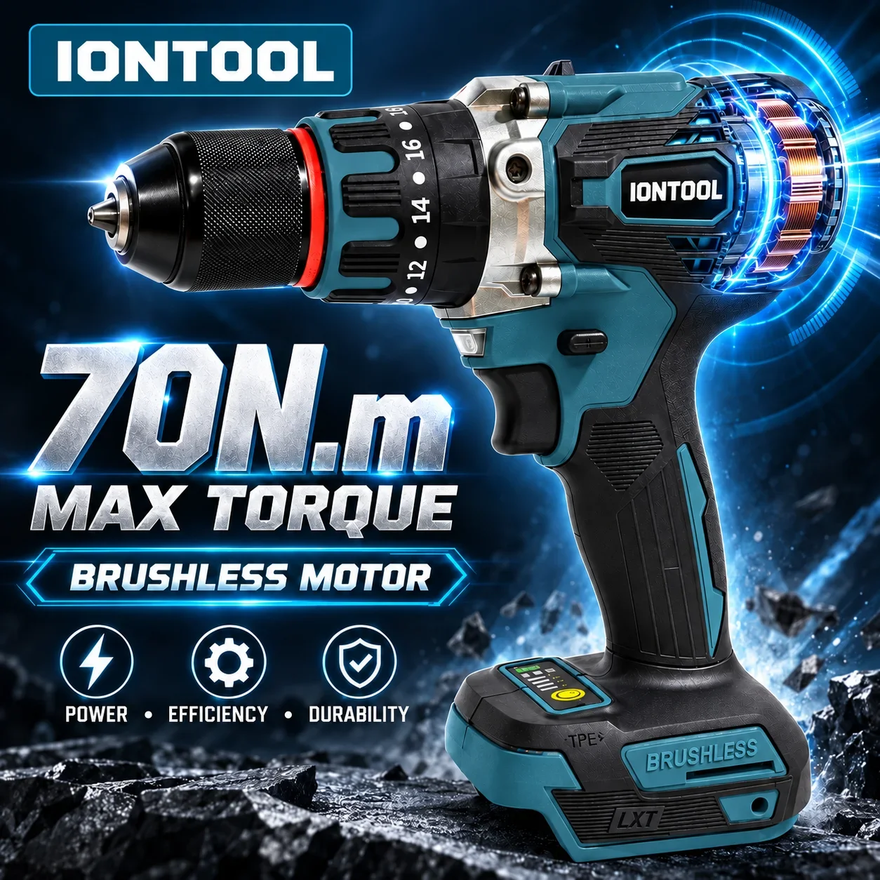 IONTOOL 18V Cordless Impact Drill Brushless Motor 70Nm Torque 13mm Keyless Chuck 2 Speed Driver for Wood Metal Masonry DIY