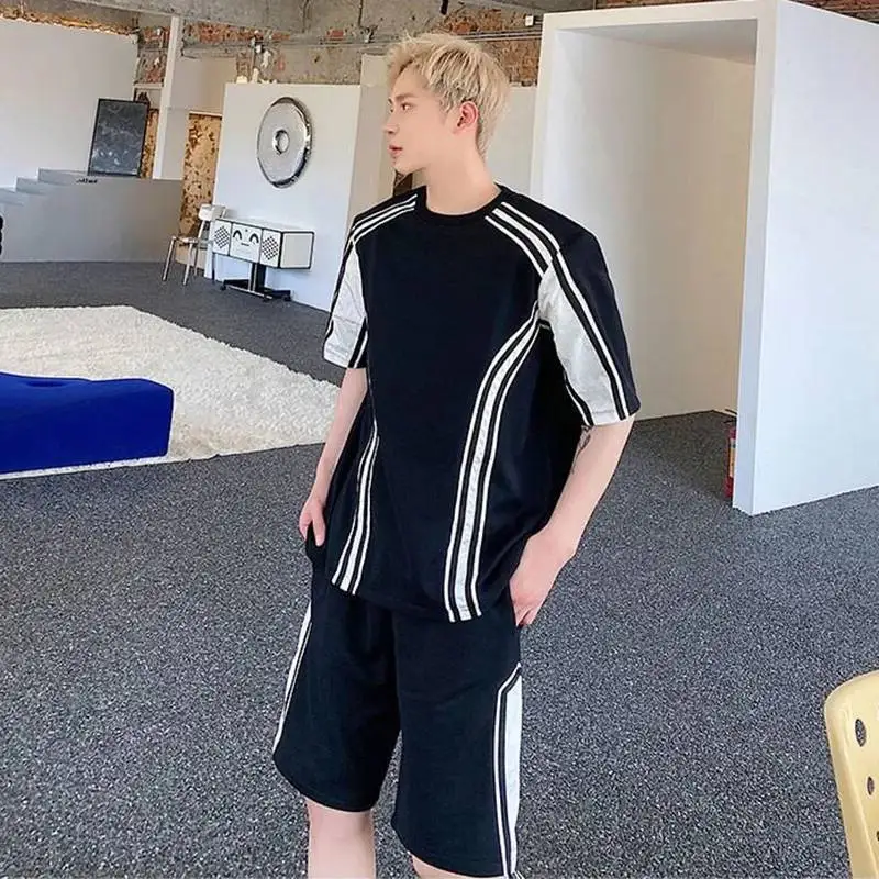 LUZHEN Sleeve Printed 2026 Stripe Summer Short Color Contrast T-shirts Men's Stylish Straight Shorts Pants Two-piece Sets JY8512