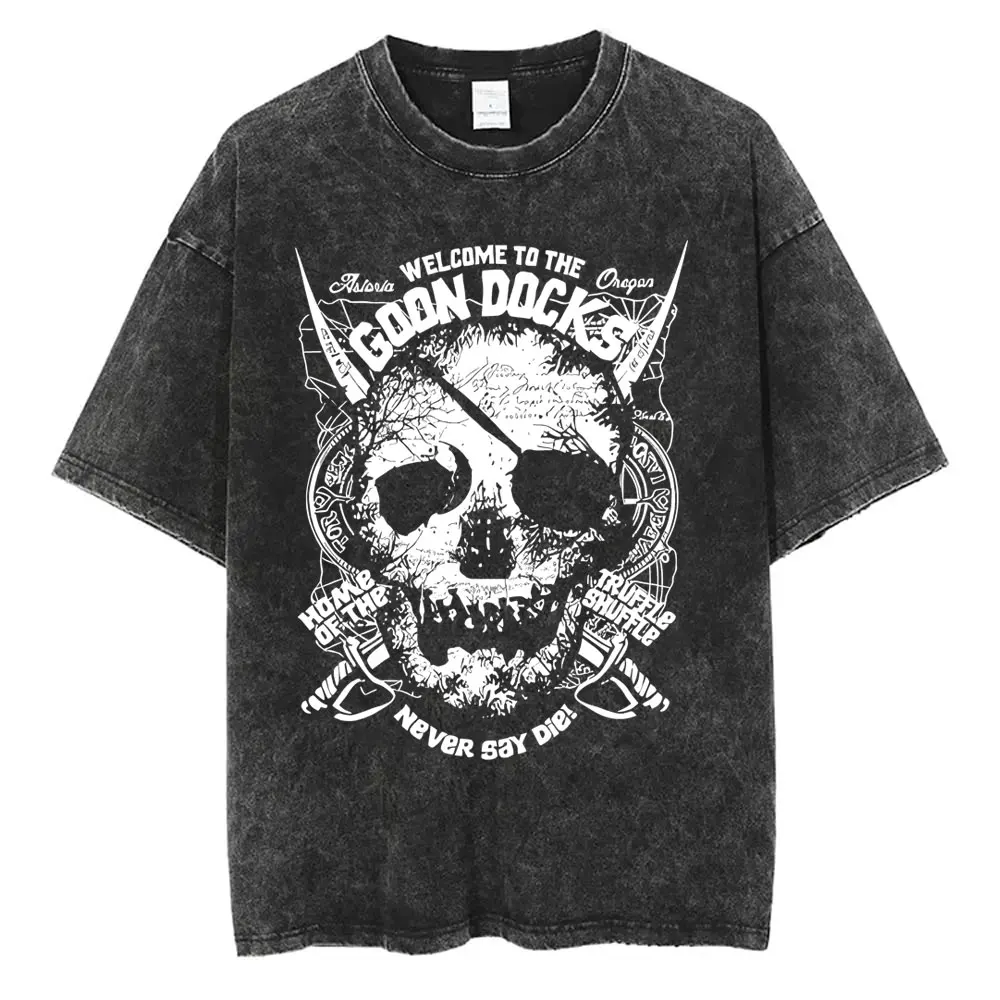 

Washed Vintage Funny Movie The Goonies Never Say Die T Shirt Skeleton Face Graphic T-shirts Men Casual Loose Oversized T Shirts