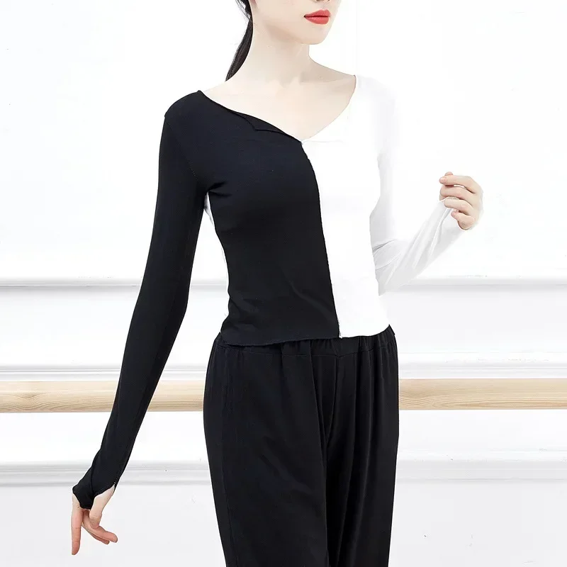 2025 Chinese classical jazz body suit, yoga, contrasting color cover, finger long-sleeved top, women's modern dance practice