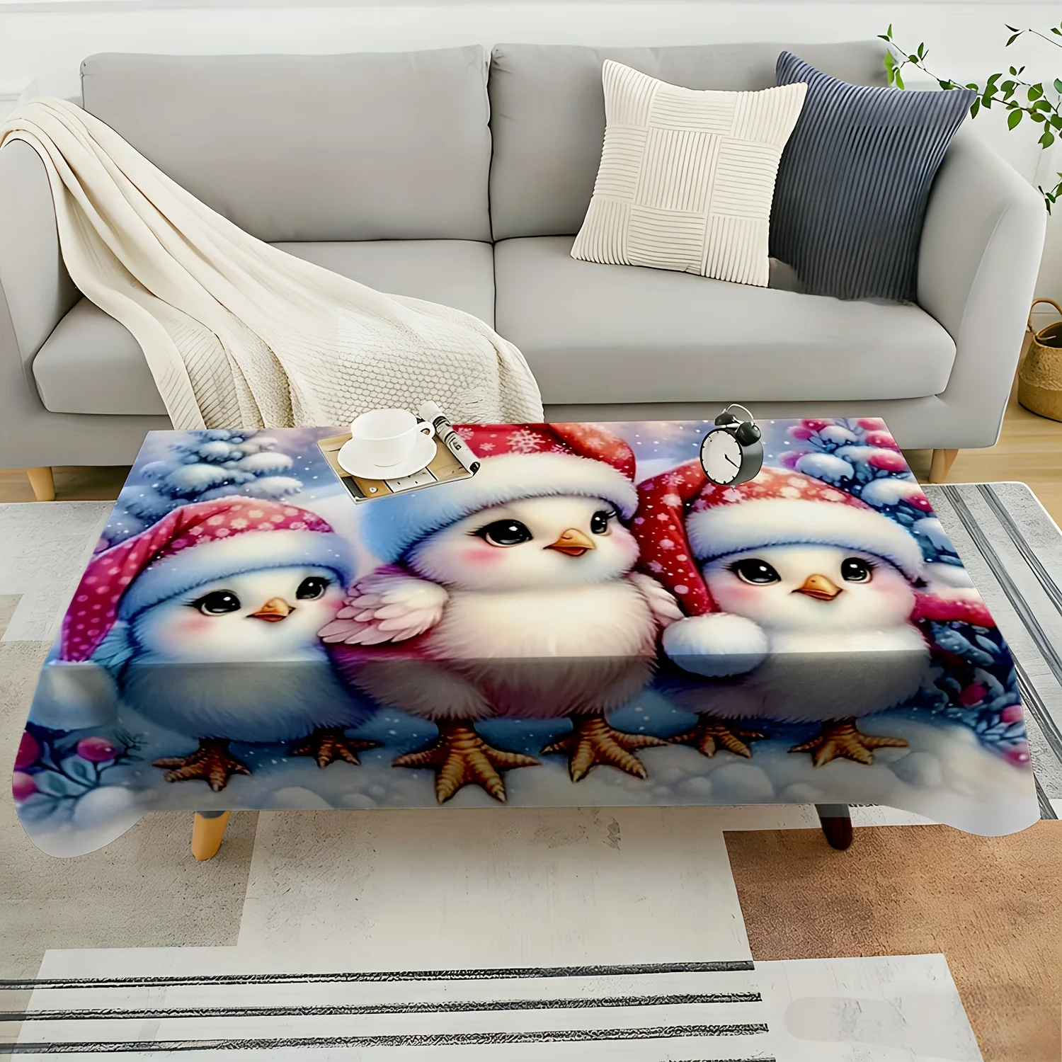 1pc 2D Flat TableclothThree Cute Chicks with Santa Hats Winter Snow Scene Red Berries Pine Branches Printed Rectangle Tablecloth