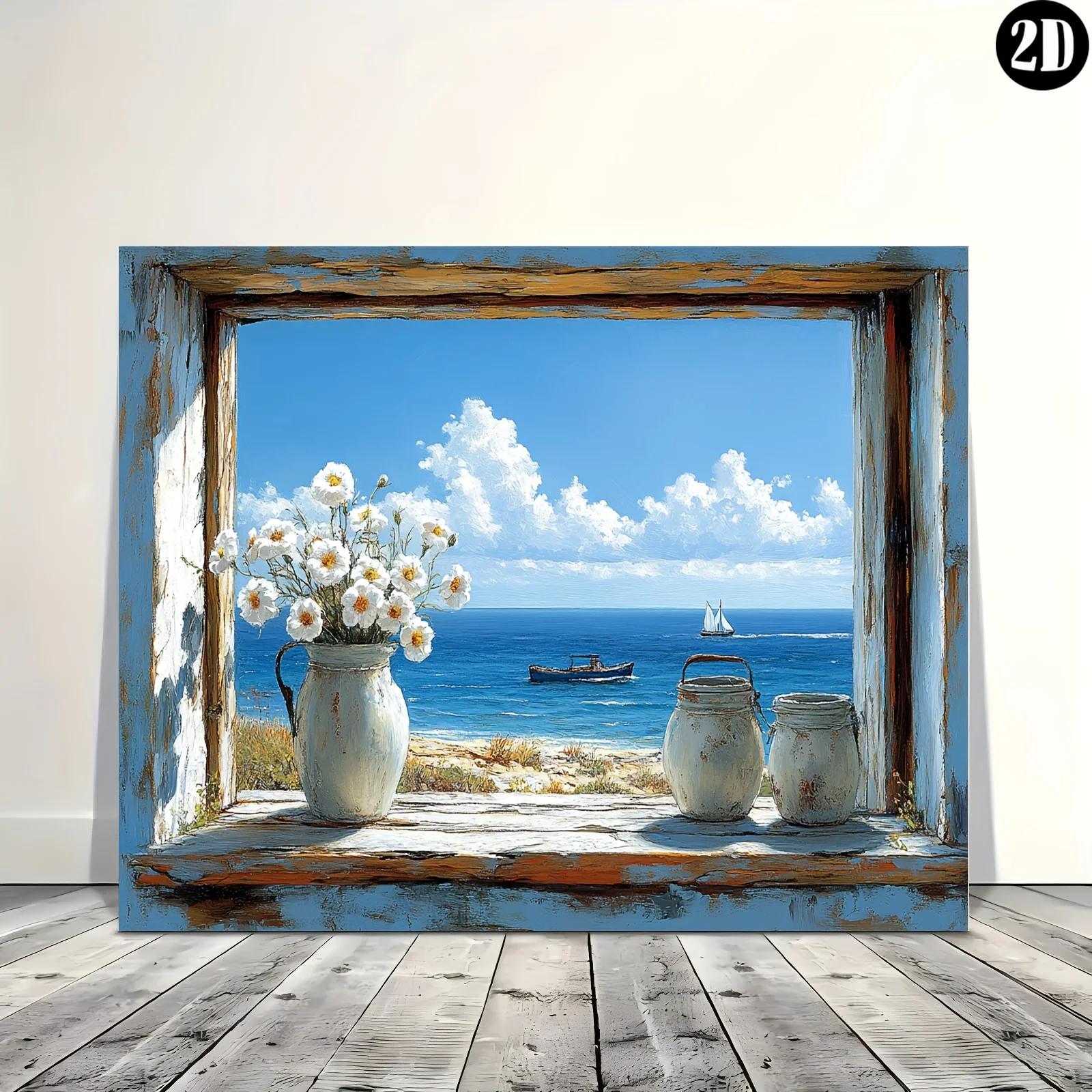 Coastal Window Ocean Metal Wall Art, Distressed Blue Window White Wildflower Vase Boat Seaside Oil  Print, Beach Home Decor