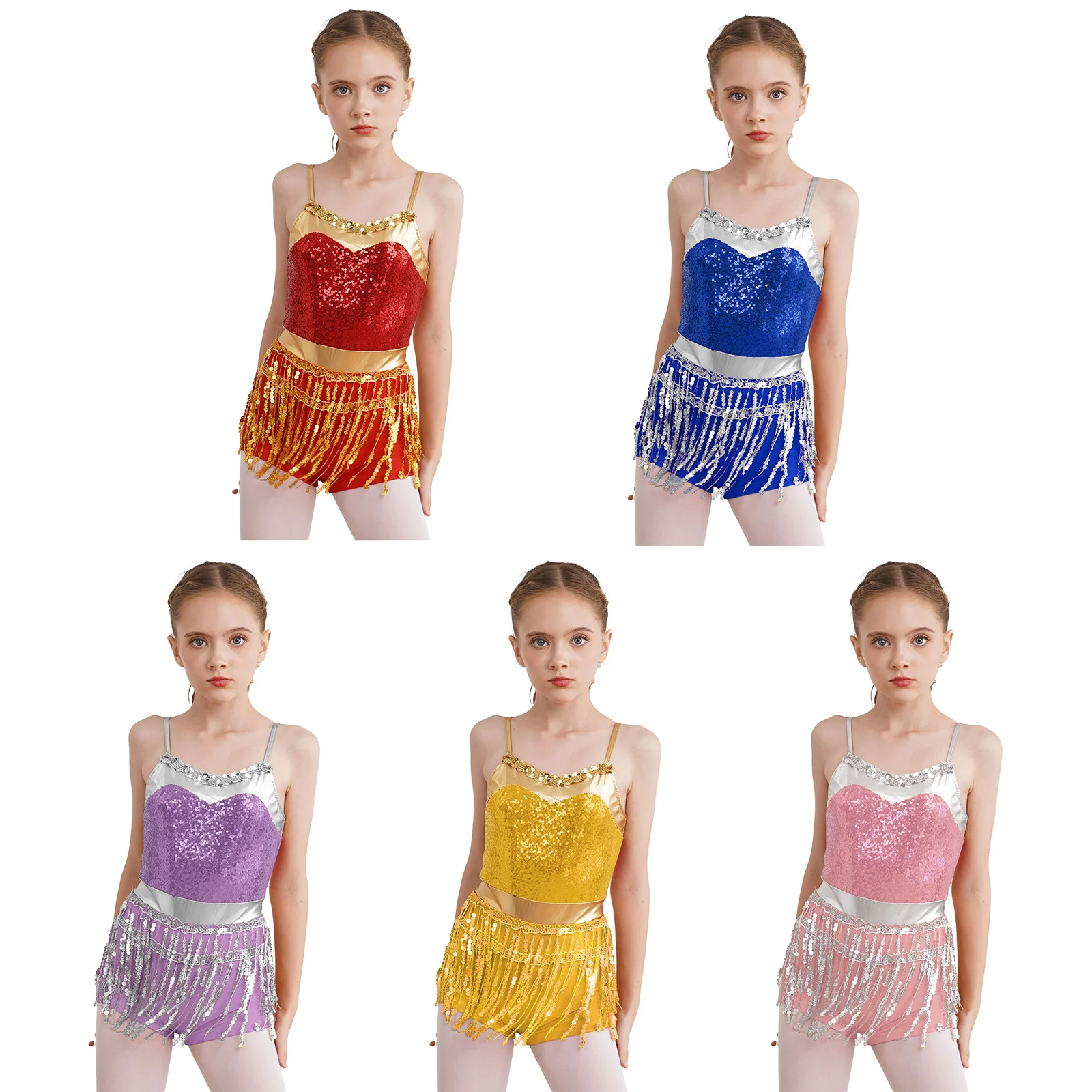 Kids Girls Latin Dance Fringe Dress Shiny Sequined Leotard Bodysuit Skirted Jazz Samba Tango Dancing Performance Party Costumes