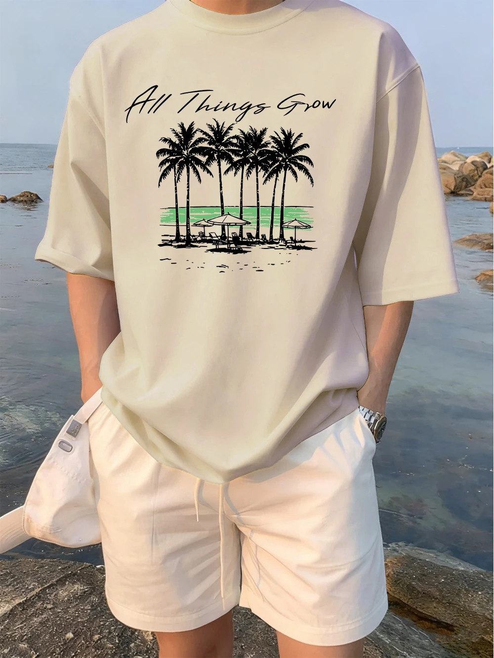 All Things Grow Beach Print Men Simple Daily T-Shirt Sport Loose Short Sleeve O-Neck Cotton Tee Casual Trendy Top Street Clothes