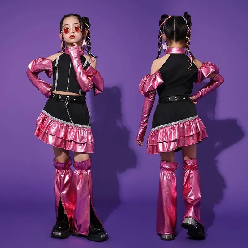 Abbigliamento alla moda per danza jazz da ragazza con pelle lucida, costumi da passerella per danza jazz di gruppo di ragazze alla moda