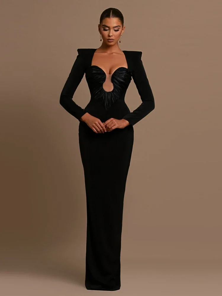 Sexy Low Cut Patchwork Folds Design Long Dress Women Aquamarine Black Long Sleeve Hollow Out BodyconDresses Evening Party Gowns