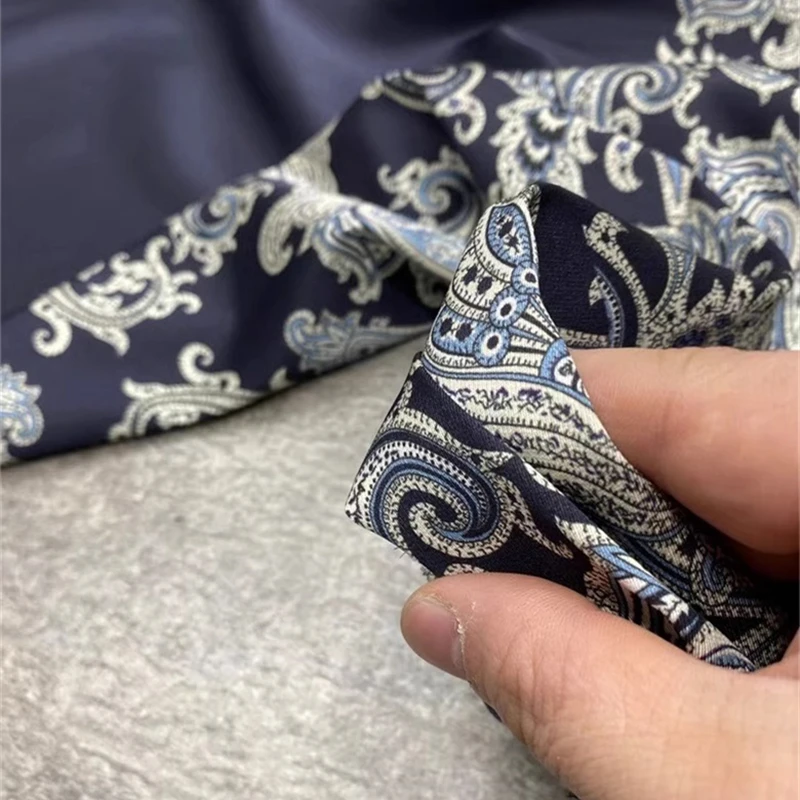 Classic Navy Blue Bottom Cashew Flower Twill Stretch Silk Fabric Grade Foreign Style Shirt Natural Designer Clothing Fabric Diy