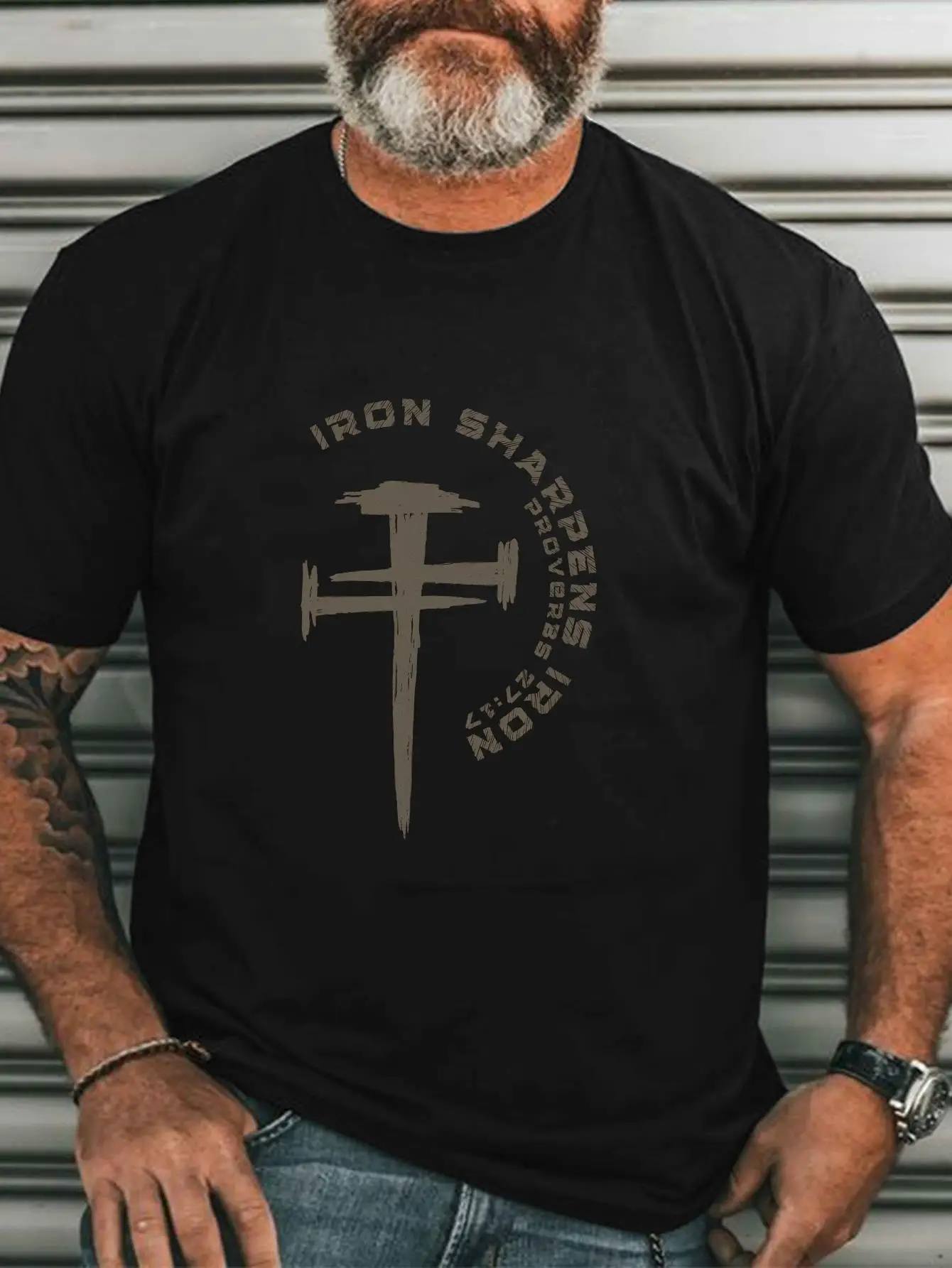 Men's Christian Iron Sharp Print T-shirt - IRON SHARP design, pure round neck, slightly elastic knitted fabric, regular short sleeves, casual summer pullover, 180 grams, comfortable for everyday wear, bold print T-shirt, durable casual apparel