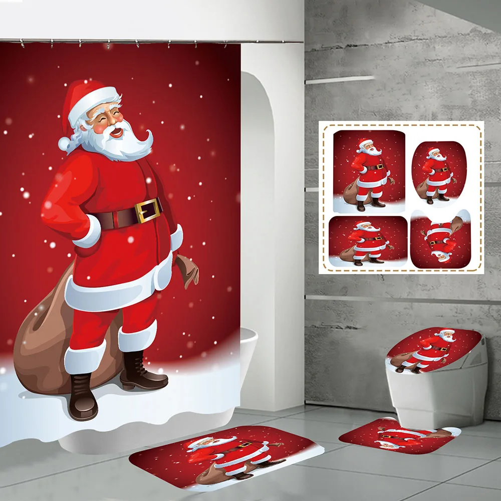 Cute Santa Print Shower Curtain Four-Piece Set Easy Installation Festival Props For Home Bathroom