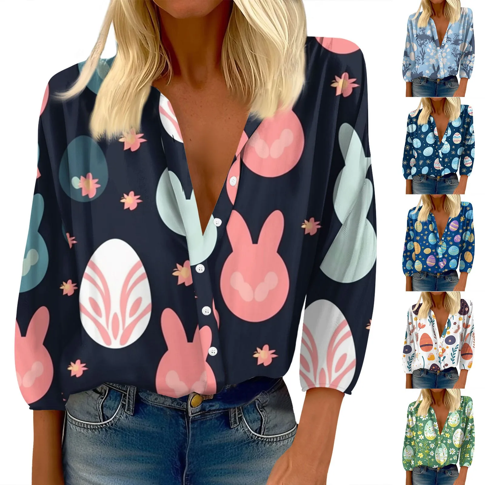 Women's T-shirt Animal Cute Rabbit Print Short-sleeved Flowers Easter Casual Holiday Basic Multi-color V Neck Regular Top