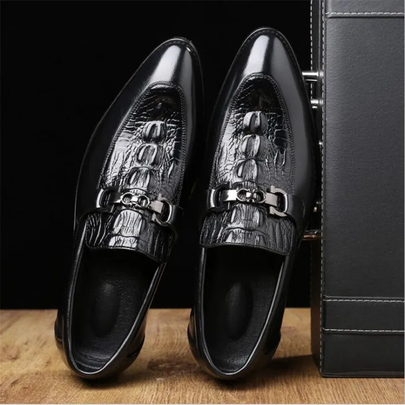 Men\'s Classic Retro Casual Business Shoes Crocodile Grain Leather Buckle Mens Fashion Wedding Party Loafers Men Slip-on Flats