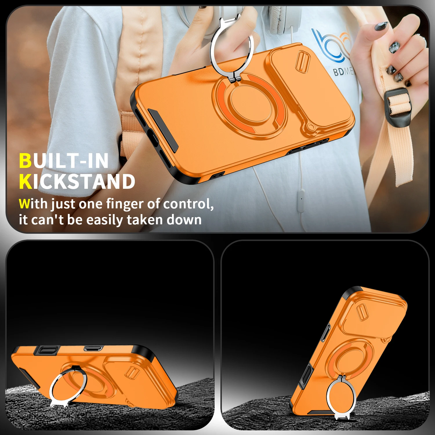 아이폰 17 16 15 14 13 12 11 프로 맥스 에어 플러스 16E용 마그네틱 브래킷 폰 케이스 슬라이딩 윈도우 디자인으로 렌즈 보호 Y0030