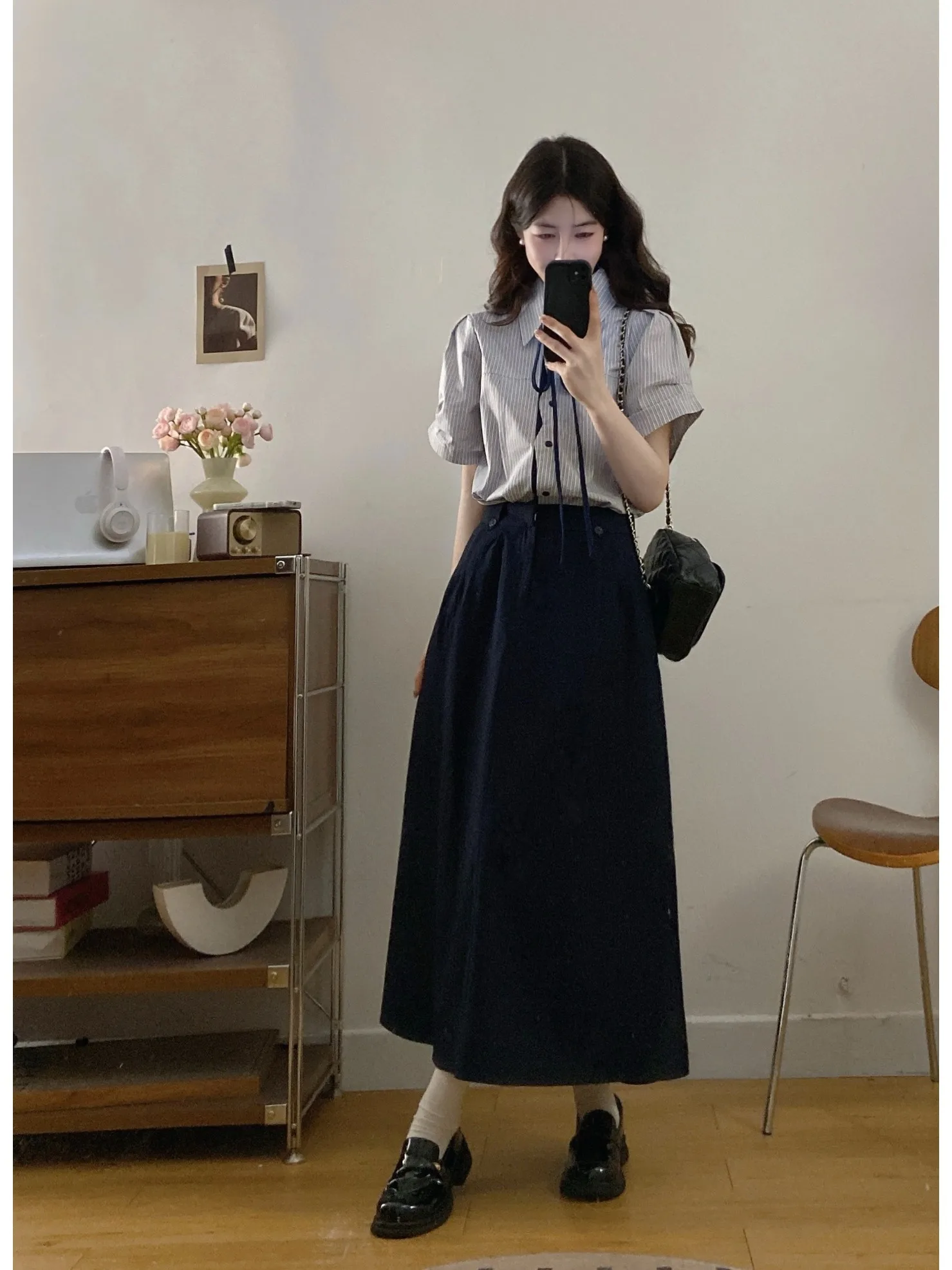 

plus Size College Style Set Women Summer Korean Neck Striped Shirt Slimming Half Skirt Two Piece Set Fashionable