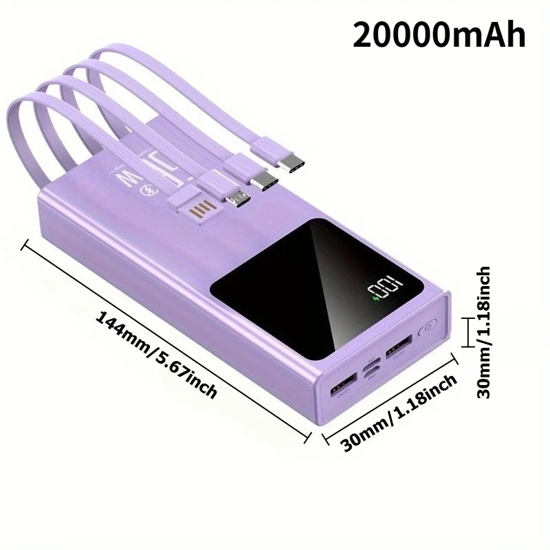 

Портативный внешний аккумулятор емкостью 20000 мАч, встроенный USB, супер быстрая зарядка 66WS, двойной вход и выход, компактное портативное зарядное устройство для мобильного телефона
