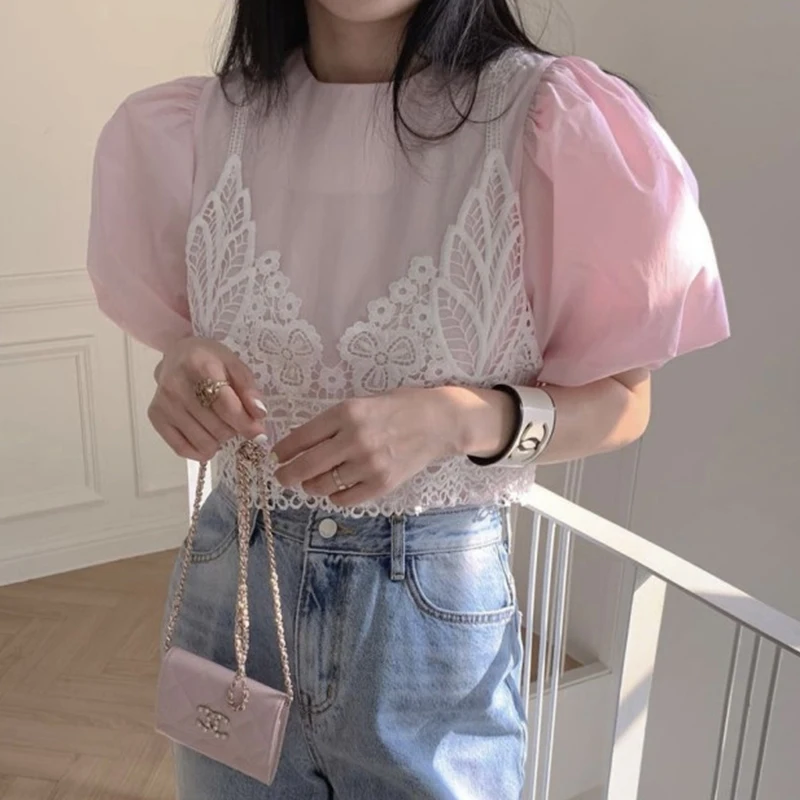 Setelan Dua Potong Wanita Desain Musim Panas Gaya Korea dengan Tali Renda, Rompi, dan Rok Bubble dari Campuran Katun yang Modis