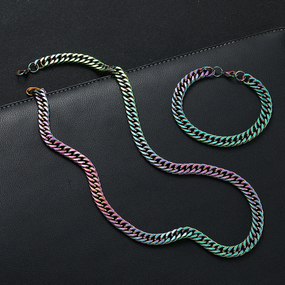 9.5MM 316L Stainless Steel Colorful Cuban Chain Necklace Bracelet Fashion Jewelry Set For Men Hip Hop Party Gift Accessories