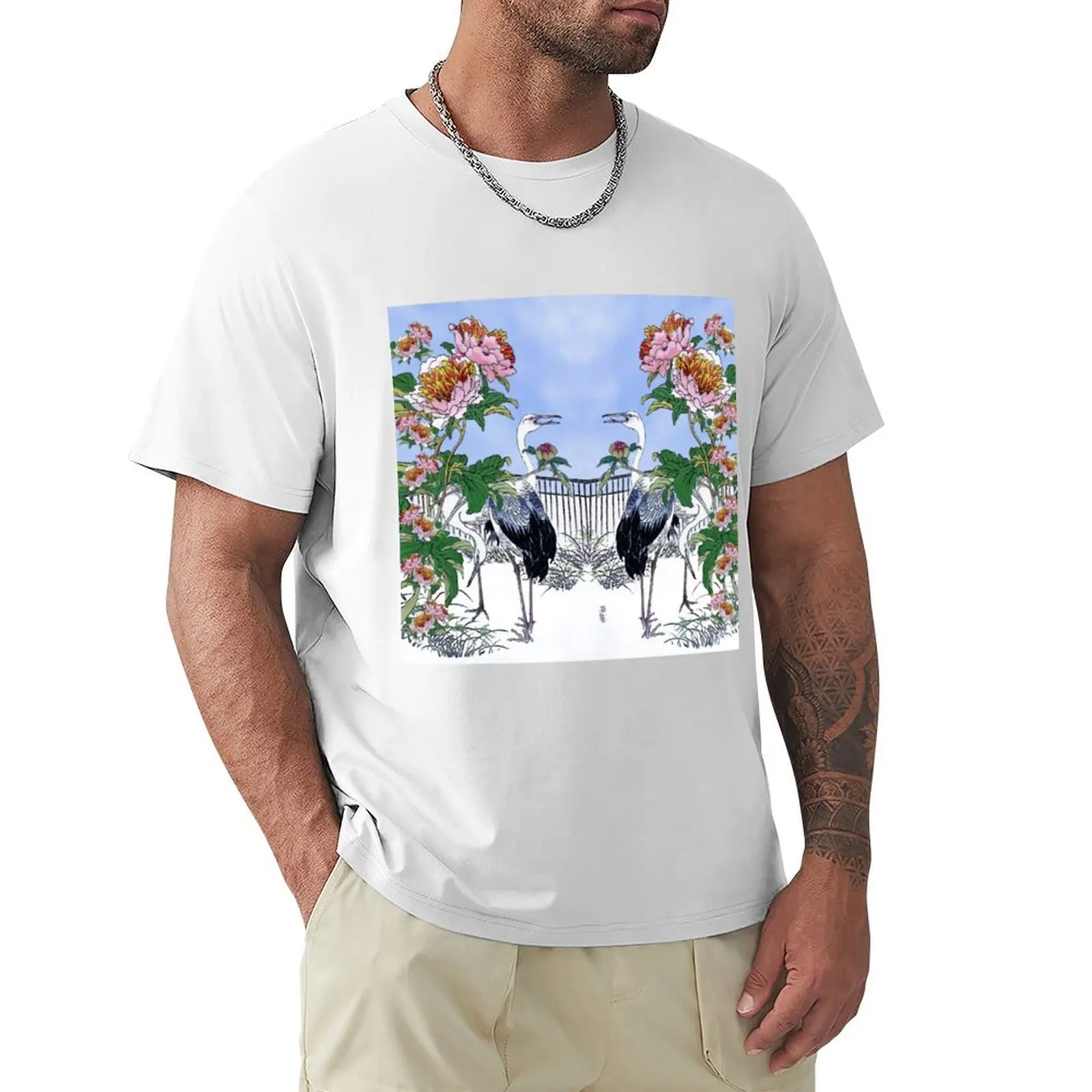 Asian Cranes & Spring Peonies- Winter Snow T-Shirt vintage tees boys animal print fitted t shirts for men