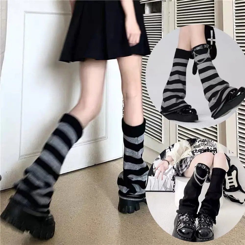 Y2K Punk Scaldamuscoli lavorati a maglia Calzini Lolita Scaldamuscoli lunghi lavorati a maglia svasati Copri piedi a righe Jk Autunno Scaldamuscoli Coscia alta Lolita