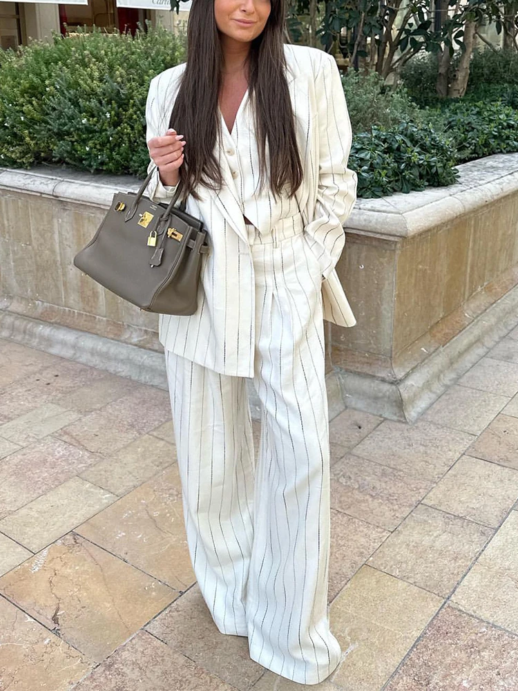 Vintage Autumn Office Women Suit Stripe V Neck Double Breasted Pockets Blazer Straight Loose Pants Fashion 2024 Sets