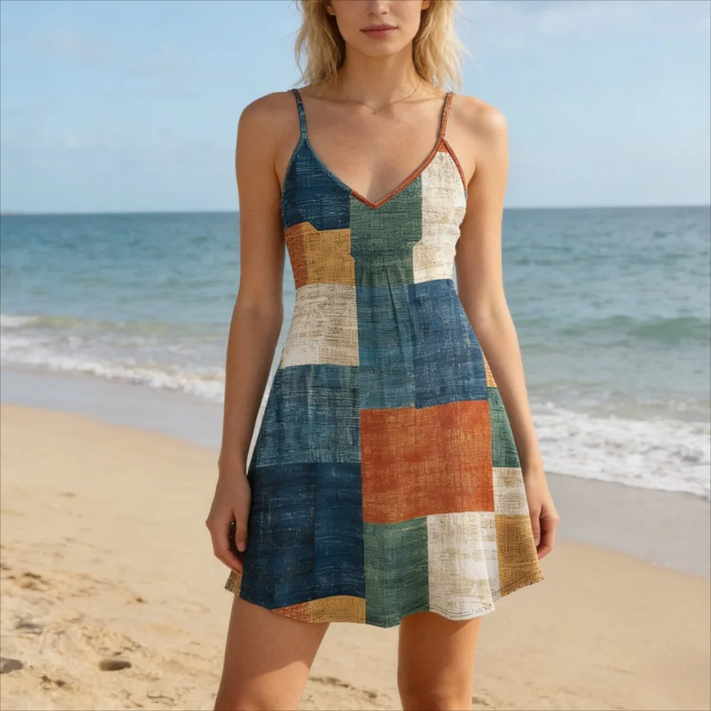 

Женское винтажное платье с геометрическим принтом на тонких бретелях в стиле 60-х и 70-х годов, сексуальное мини-платье А-силуэта с V-образным вырезом для пляжа, вечеринки, отпуска