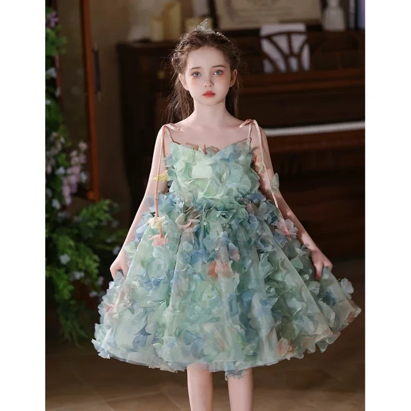 2026 Children Girls Green Sleeveless Strapless Performance Pageant Costume Gown Kids Birthday Princess Dress Flower Girl Piano
