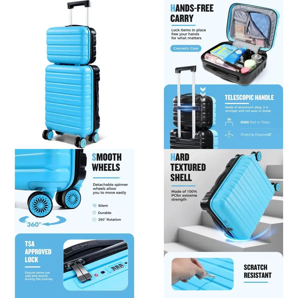 مجموعة أمتعة حمل ذات هيكل صلب معتمدة من شركة الطيران مقاس 20 بوصة مع عجلات، وأبعاد 22 × 14 × 9، بما في ذلك حقيبة مستحضرات التجميل، وبدلة السفر