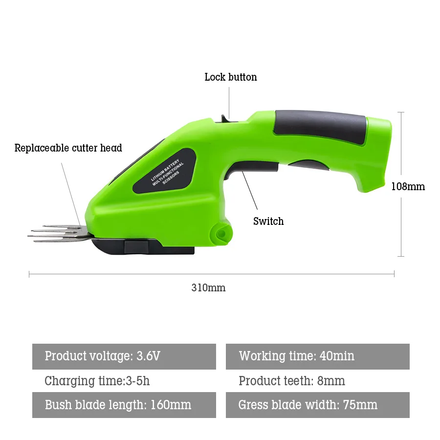 HILDA Electric Grass Trimmer 2in1 Battery Rechargeable Shear Hedger Pruning Scissors Garden Tool