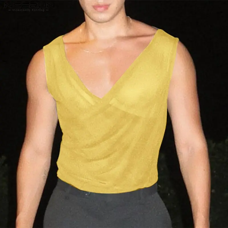 INCERUN 2024 Fashion Men Clothing Summer Tank Tops Sleeveless Mesh Transparent Tee Tops Sexy Chemise V Neck Solid Streetwear