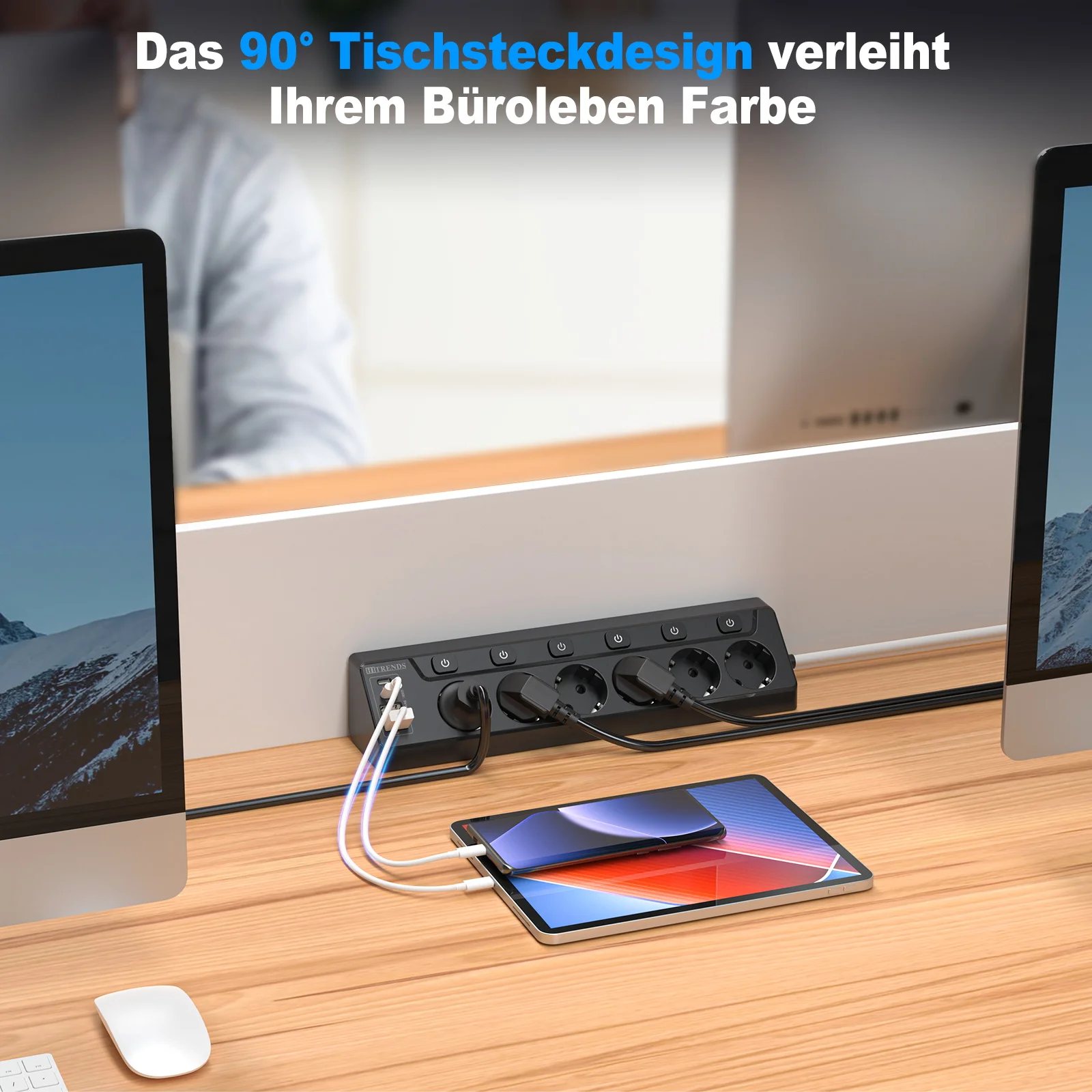 شريط طاقة بمقبس متعدد أوروبي 6 طرق مع 2 USB 2 Type C، مقبس زاوية متعدد الوظائف مع كابل 2 متر للطاولة المنزلية