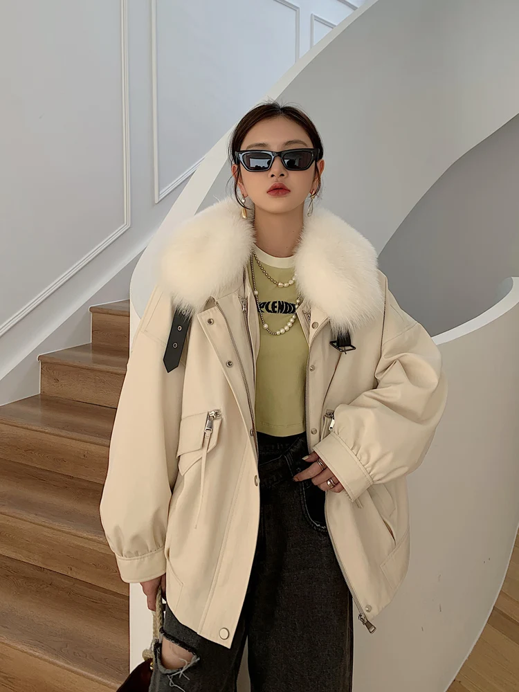 

Haining Navy Collar Parka Real Fur Lined Detachable Women's Winter Coat Korean Sle Commute Long Sve Regular Length