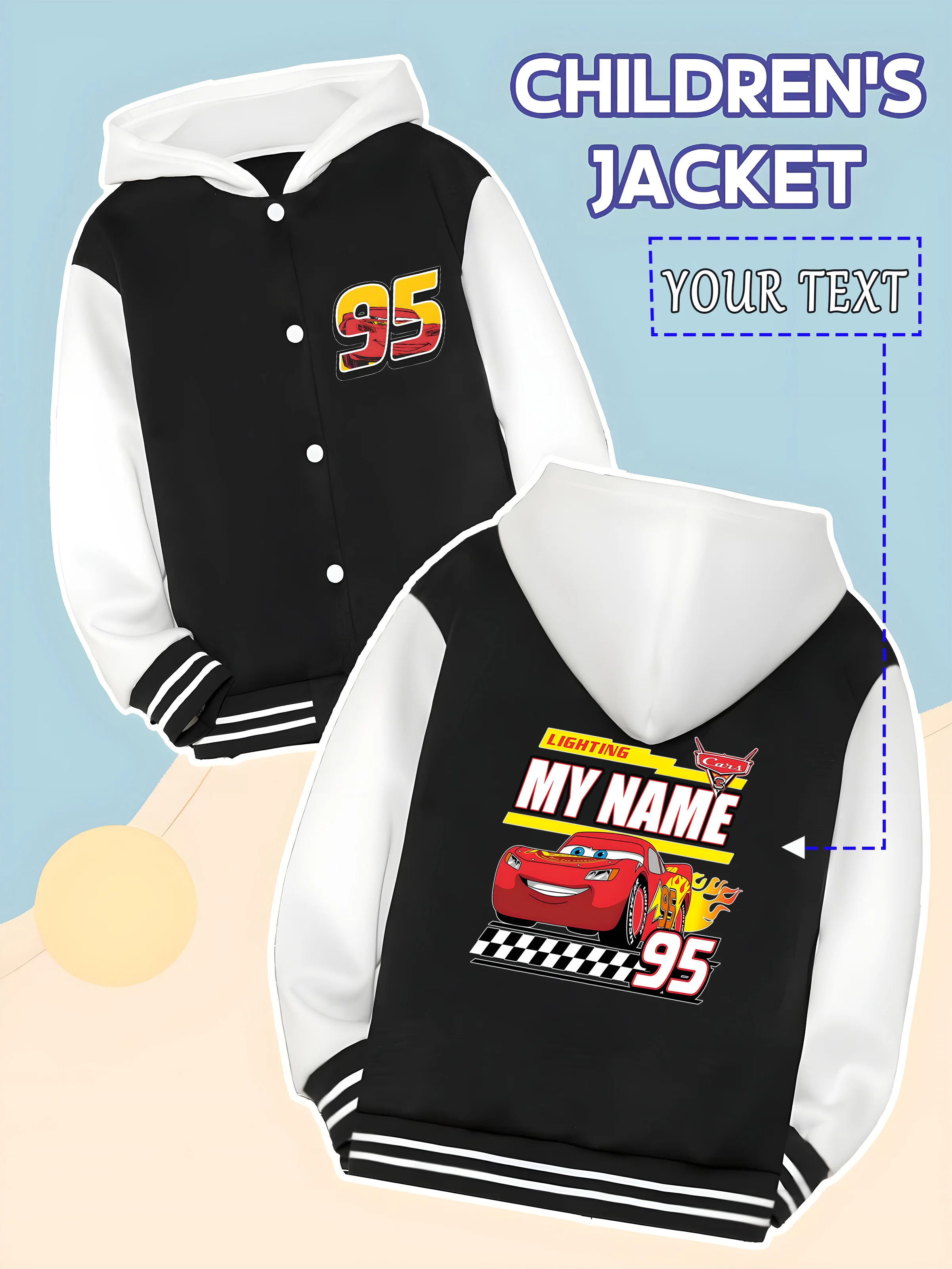 

MINISO Disney's Cars '95 boys' baseball jacket features Lightning McQueen and "MY NAME" logo for a unique look. The stylish blac