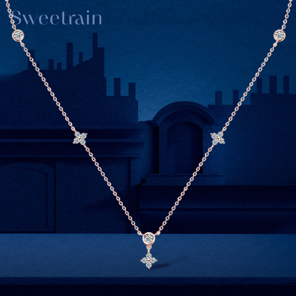 

Rose Gold Four Leaf Clover Moissanite Necklace 925 Silver Plated 18k Yellow/White Gold Diamond Choker Chain for Women Jewelry