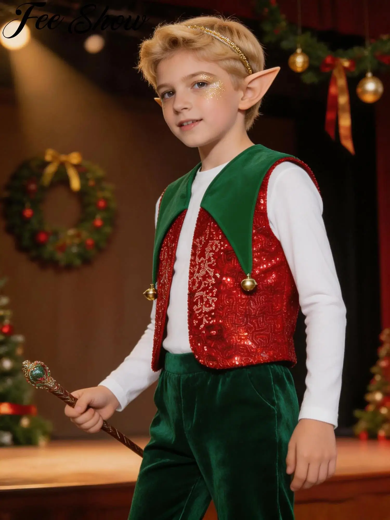 Children Christmas Santa Elf Costume Velvet Panel Bell Sequins Vest Open Front Jazz Dance Choir Waistcoat for Xmas Cosplay Party
